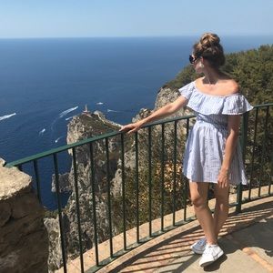 Blue and White Stripe Off Shoulder Ruffle Dress